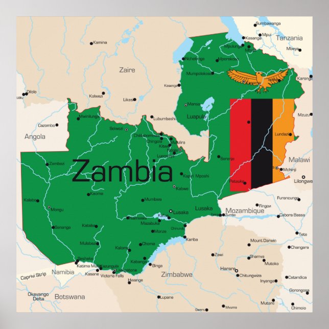 Póster Mapa De Zambia (Frente)