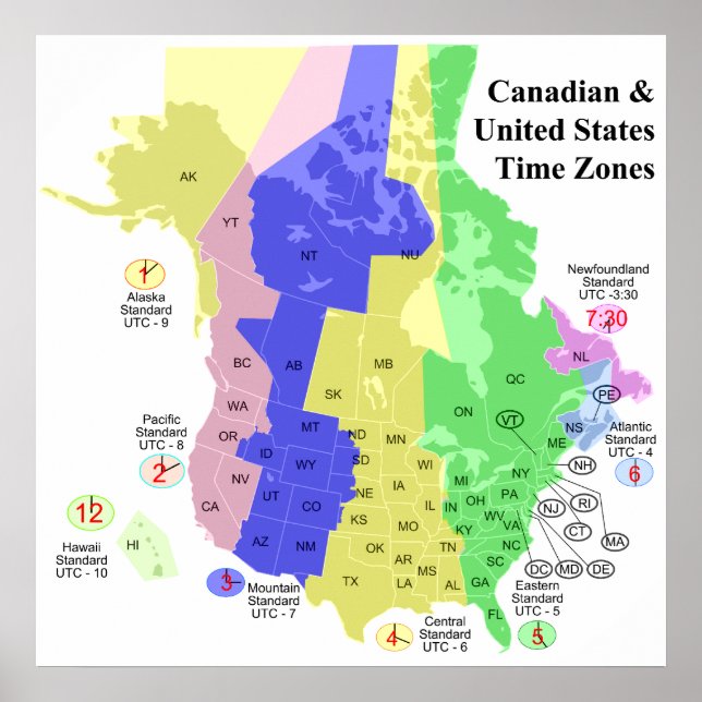 Póster Mapa de zonas horarias políticas de Canadá y Estad (Frente)