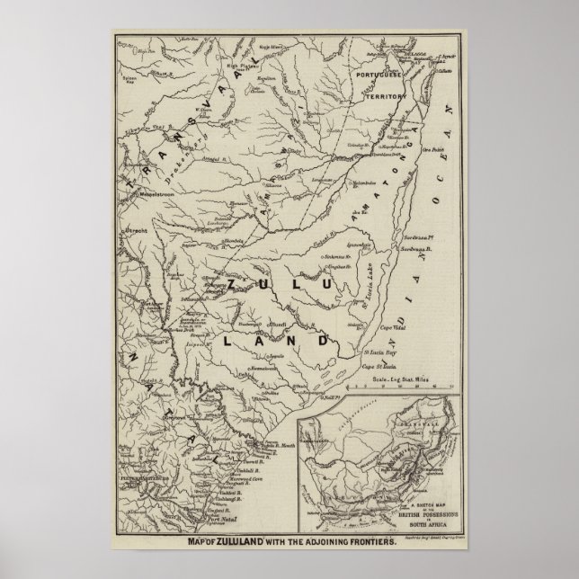 Póster Mapa de Zululand con las fronteras adyacentes (Frente)