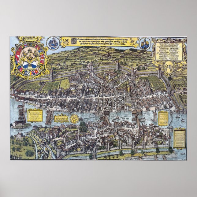 Póster Mapa de Zúrich de 1576 (Frente)