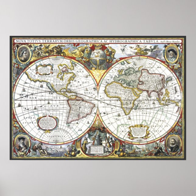 Póster Mapa del Antiguo Mundo de Hendrik Hondius, 1630 (Frente)