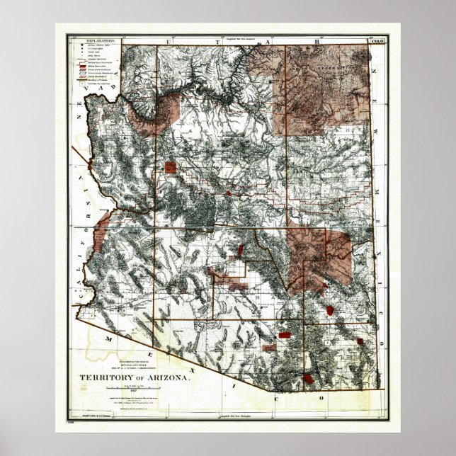 Póster Mapa del antiguo territorio de Arizona en 1887 (Frente)