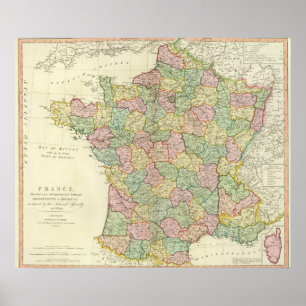 Póster Mapa del atlas de Francia con los obispos