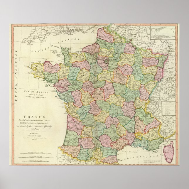 Póster Mapa del Atlas de Francia con obispos (Frente)