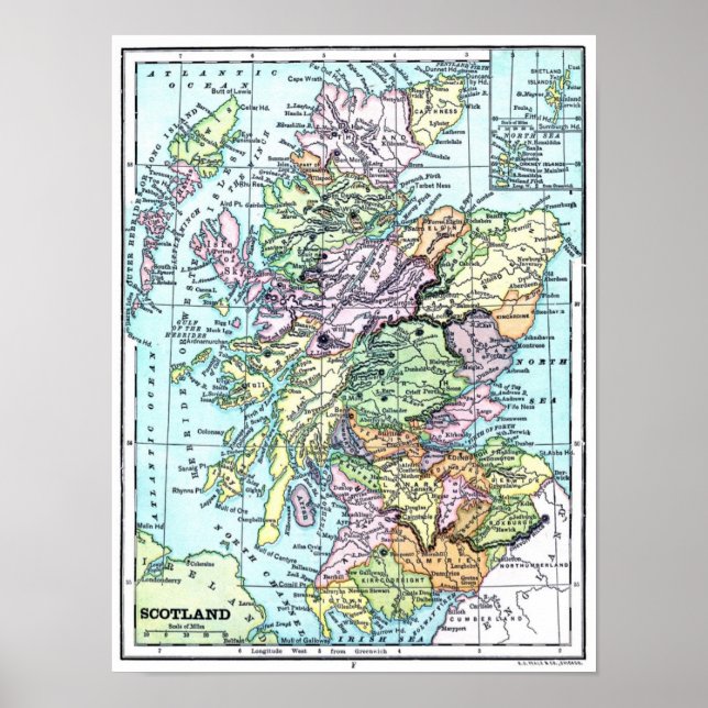 Póster Mapa del Atlas de la Vintage - Escocia (Frente)