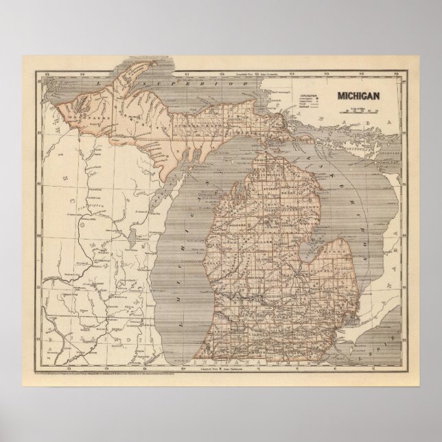 Póster Mapa del Atlas de Michigan (Frente)