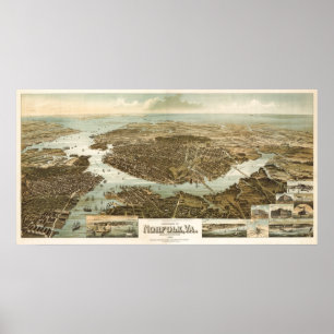 Póster Mapa del birdseye de Norfolk - 1892 (Wellge)