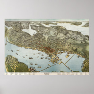 Póster Mapa del birdseye de Seattle - 1891 (Koch)