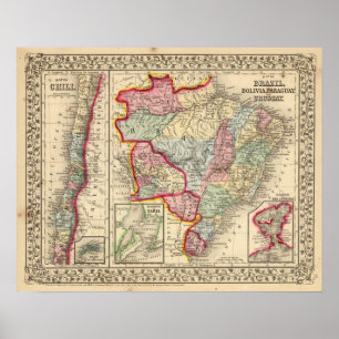 Póster Mapa del Brasil, Bolivia, Paraguay, Uruguay de