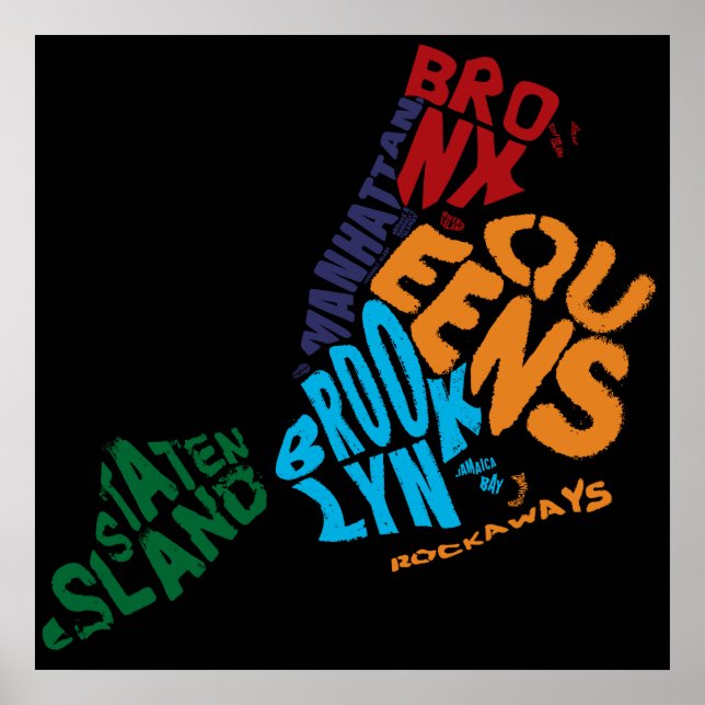 Póster Mapa del caligrama de 5 distritos de Nueva York (Frente)