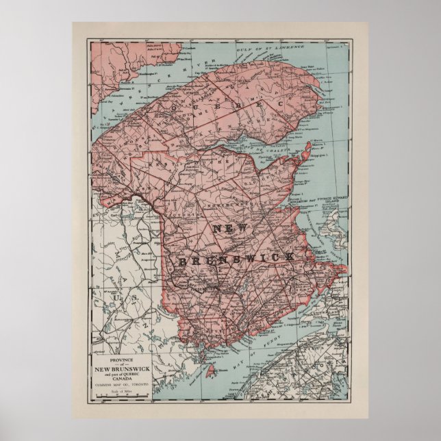 Póster Mapa del Canadá de New Brunswick antiguo (1925) (Frente)