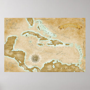 Póster Mapa del Caribe vintage