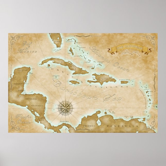 Póster Mapa del Caribe vintage (Frente)