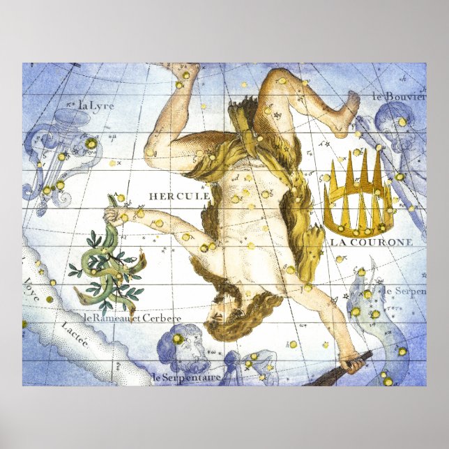 Póster Mapa del cielo vintage constelación de Hércules  (Frente)