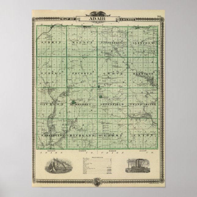 Póster Mapa del condado de Adair, estado de Iowa (Frente)
