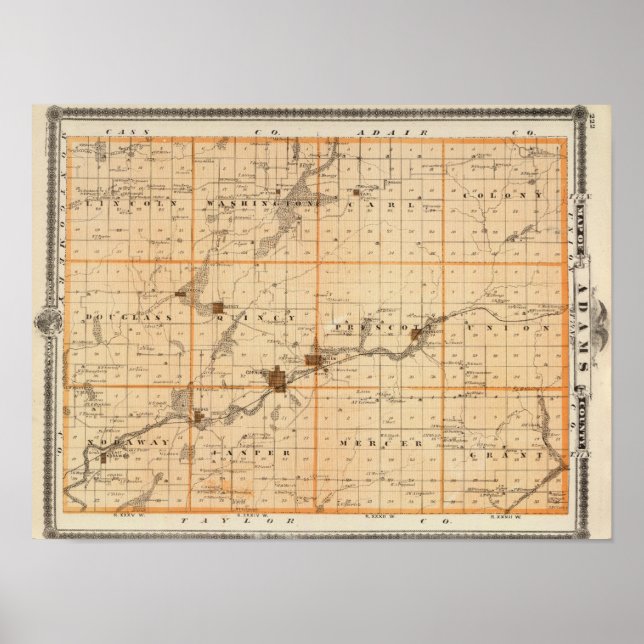 Póster Mapa del condado de Adams, estado de Iowa (Frente)