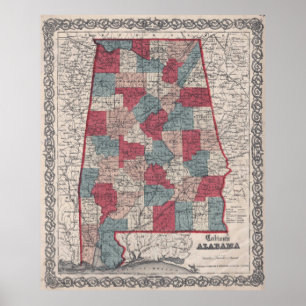 Póster Mapa del condado de Alabama del vintage (1859)