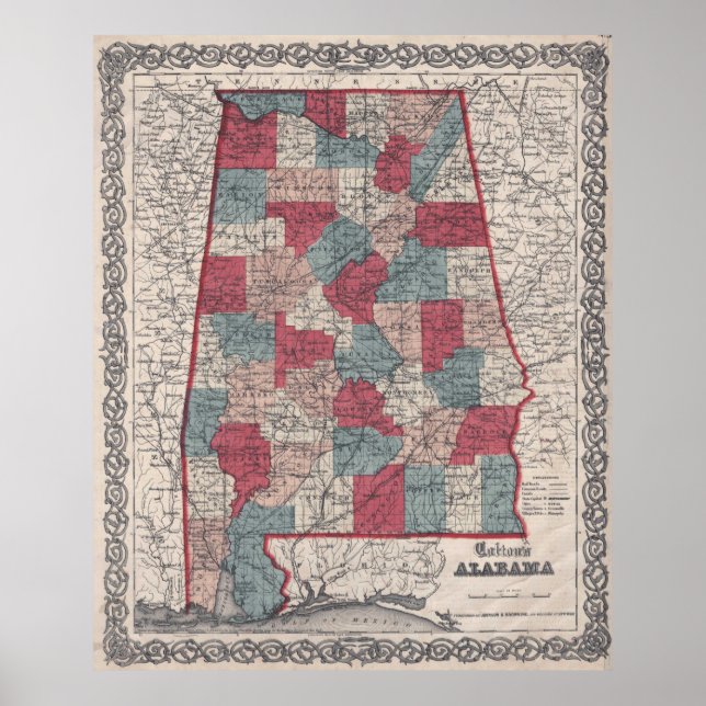 Póster Mapa del Condado de Alabama Vintage (1859) (Frente)