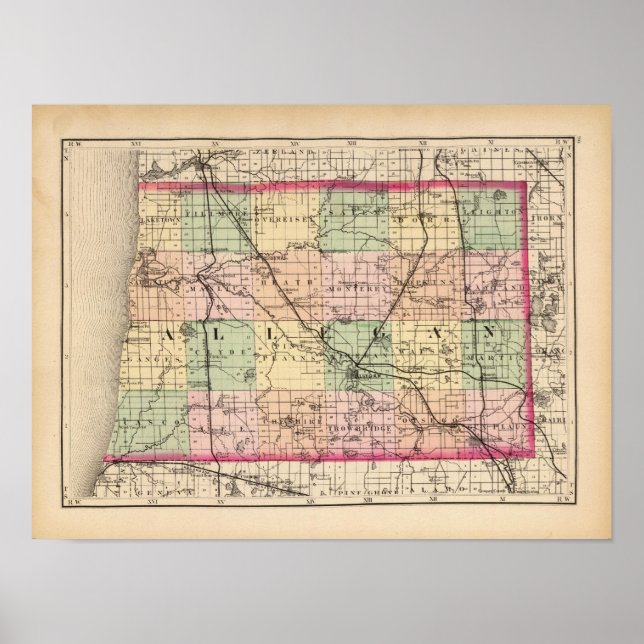 Póster Mapa del condado de Allegan, Michigan (Frente)