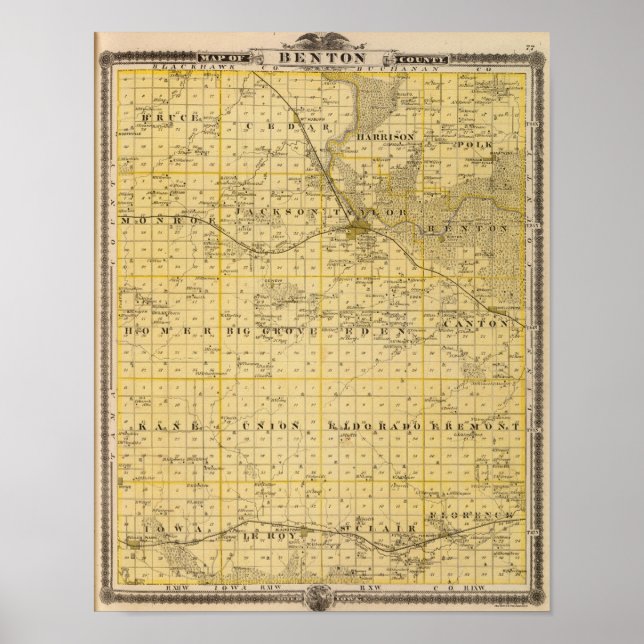 Póster Mapa del condado de Benton, estado de Iowa (Frente)