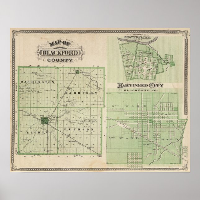 Póster Mapa del condado de Blackford con Montpelier (Frente)