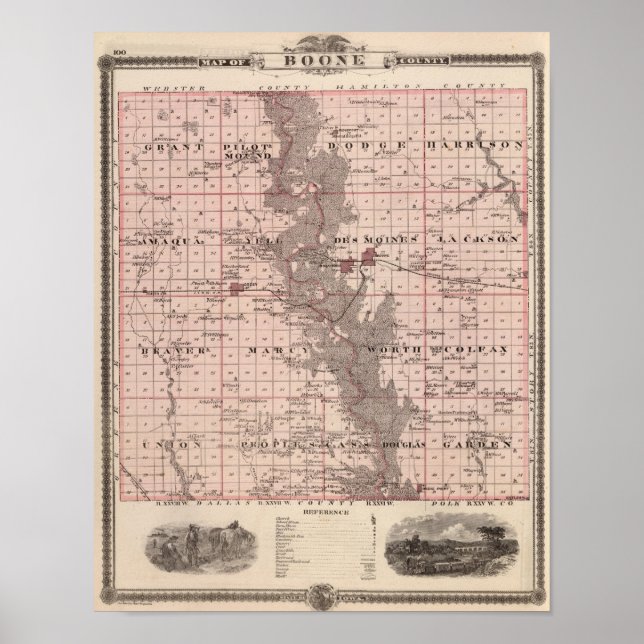 Póster Mapa del condado de Boone, estado de Iowa (Frente)