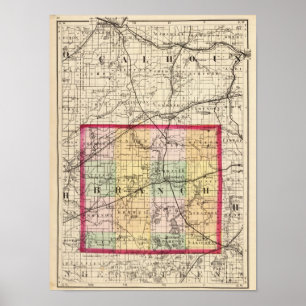 Póster Mapa del condado de Branch, Michigan