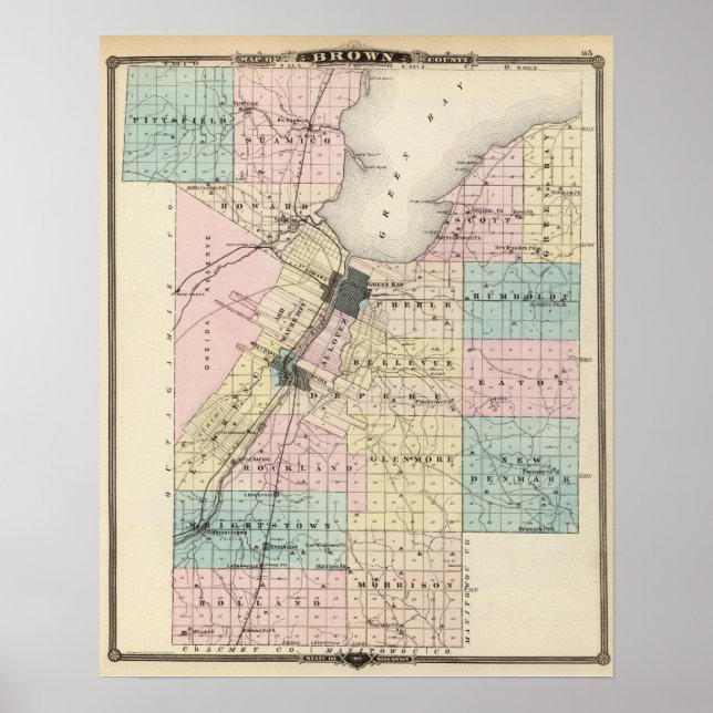 Póster Mapa del condado de Brown, estado de Wisconsin (Frente)