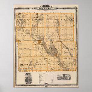 Póster Mapa del condado de Buchanan, estado de Iowa