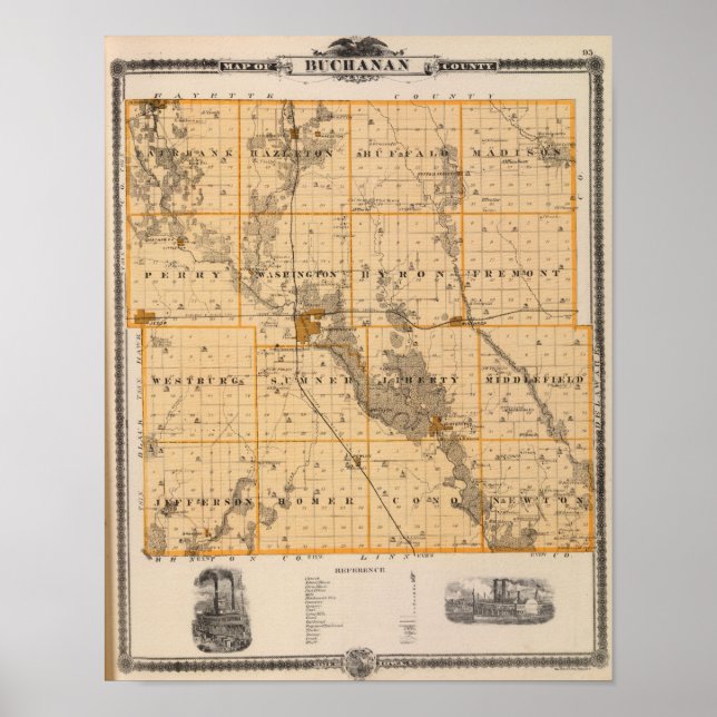 Póster Mapa del condado de Buchanan, estado de Iowa (Frente)