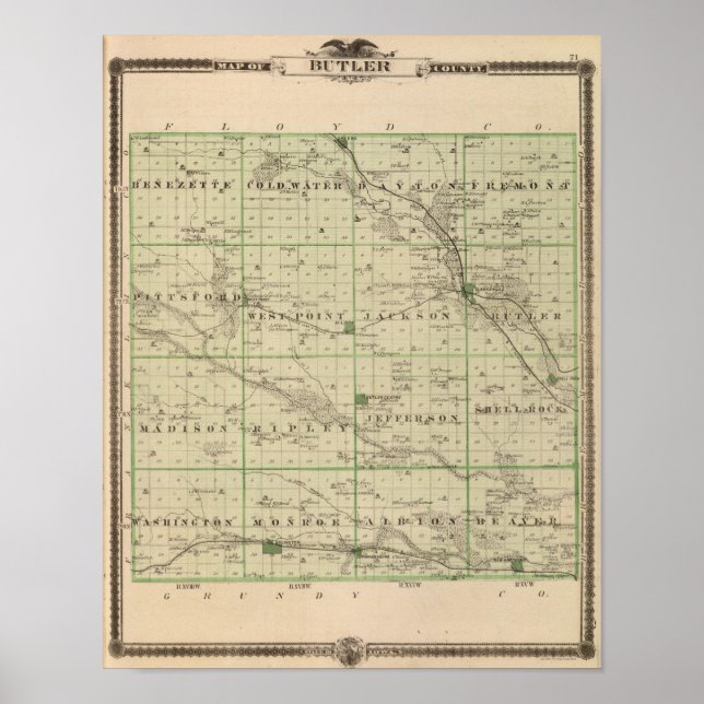Póster Mapa del condado de Butler, estado de Iowa (Frente)