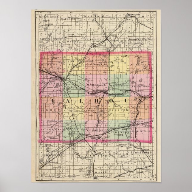 Póster Mapa del condado de Calhoun, Michigan (Frente)