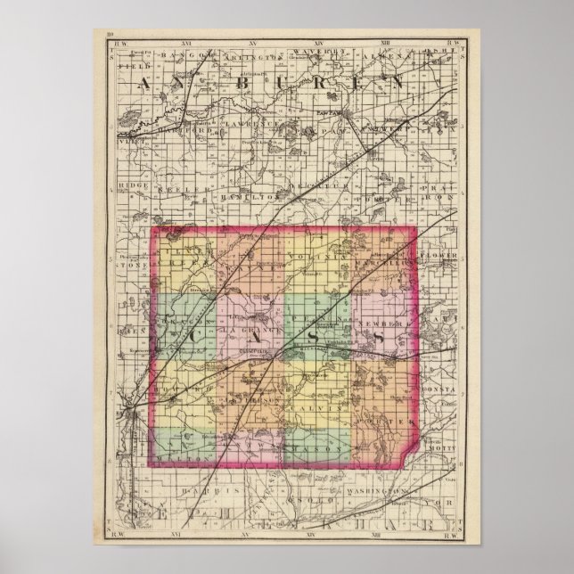 Póster Mapa del condado de Cass, Michigan (Frente)