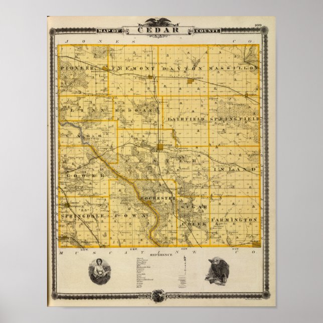 Póster Mapa del condado de Cedar, estado de Iowa (Frente)