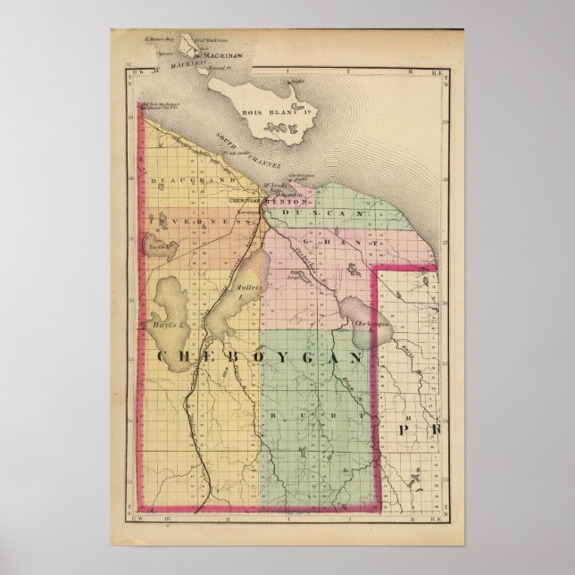 Póster Mapa del condado de Cheboygan, Michigan (Frente)