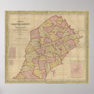 Póster Mapa del condado de Chester en Pensilvania, 1847