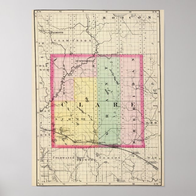 Póster Mapa del condado de Clare, Michigan (Frente)