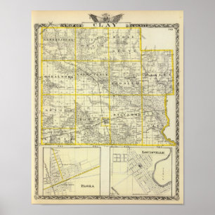 Póster Mapa del condado de Clay, Flora y Louisville