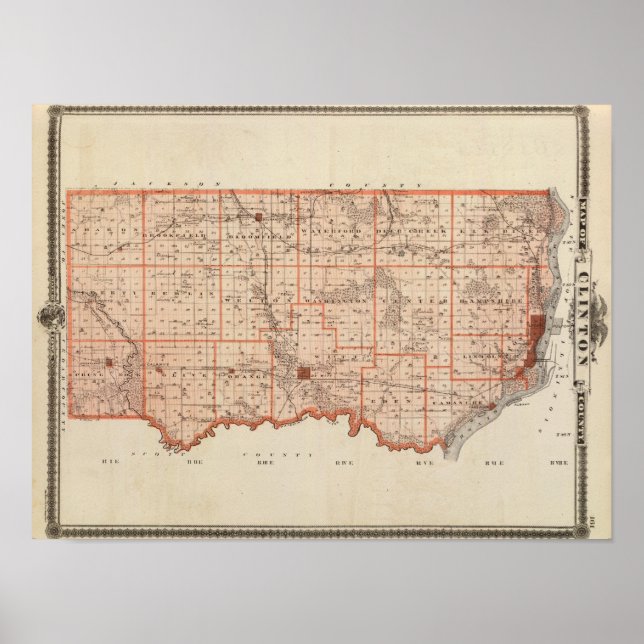 Póster Mapa del condado de Clinton, estado de Iowa (Frente)