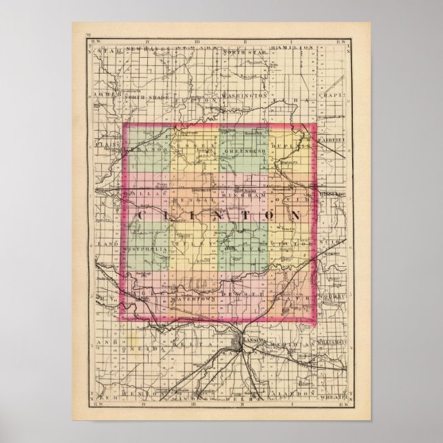 Póster Mapa del condado de Clinton, Michigan (Frente)