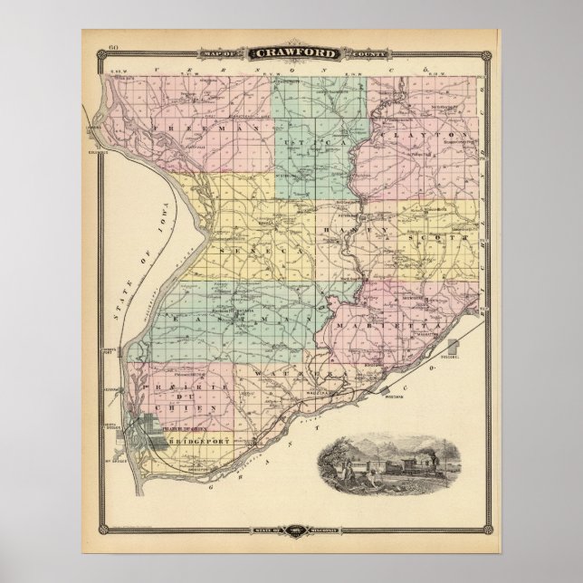 Póster Mapa del condado de Crawford, estado de Wisconsin (Frente)