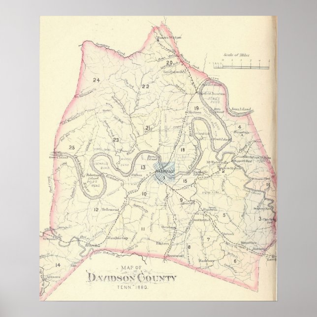 Póster Mapa del condado de Davidson de Tennessee en 1880 (Frente)