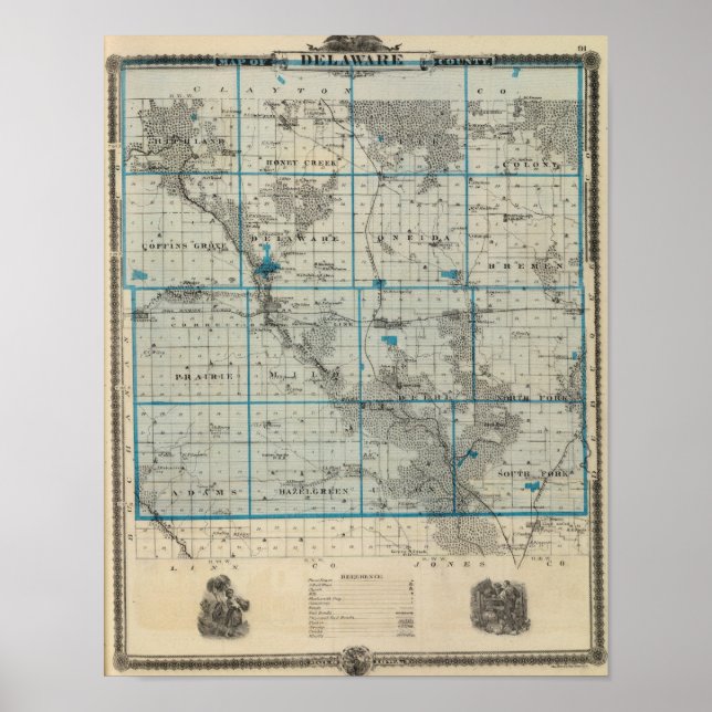 Póster Mapa del condado de Delaware, estado de Iowa (Frente)