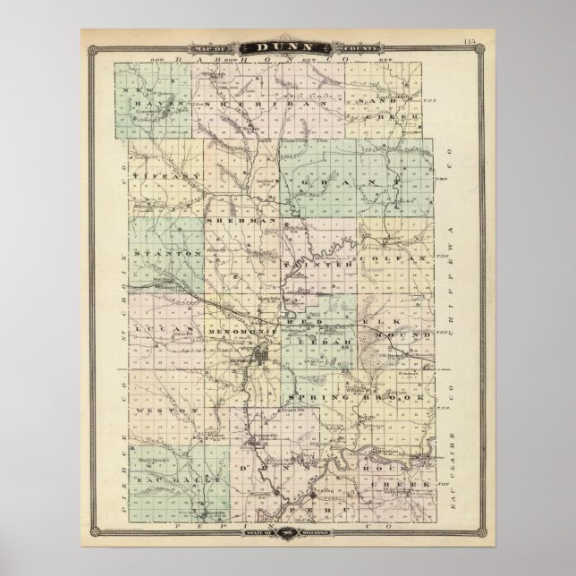 Póster Mapa del condado de Dunn, estado de Wisconsin (Frente)