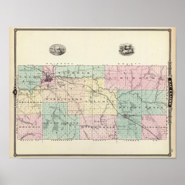 Póster Mapa del condado de Eau Claire, estado de Wisconsi (Frente)