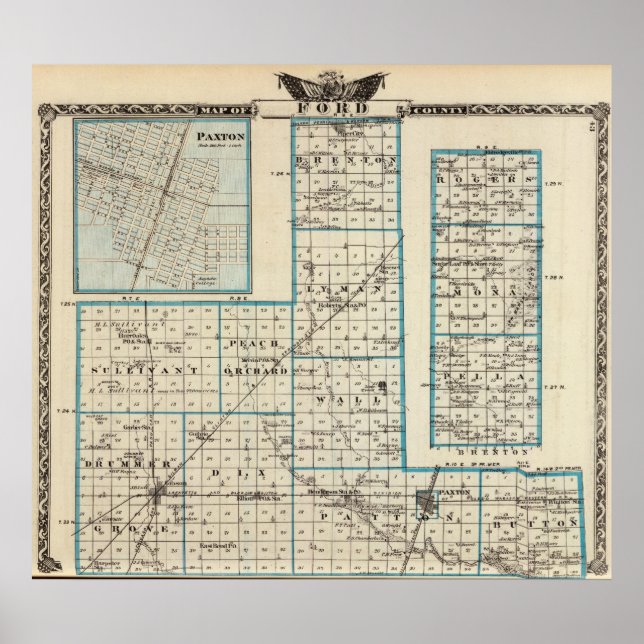 Póster Mapa del condado de Ford y Paxton (Frente)