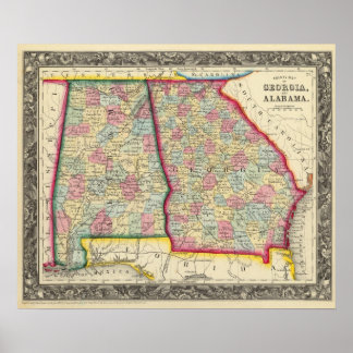 Póster Mapa Del Condado De Georgia Y Alabama