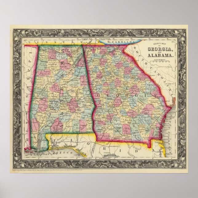Póster Mapa Del Condado De Georgia Y Alabama (Frente)