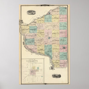 Póster Mapa del condado de Grant y la aldea de Lancaster