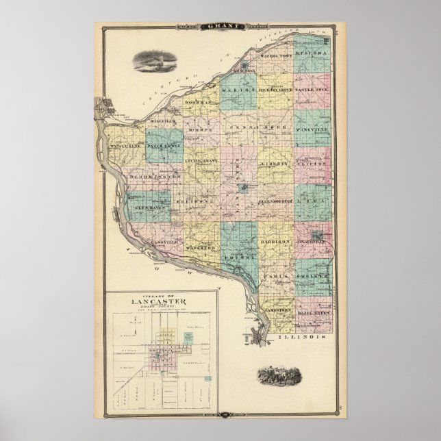 Póster Mapa del condado de Grant y la aldea de Lancaster (Frente)